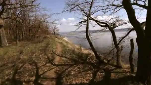 Faire du vélo à travers la forêt et le parc. Première personne tirant. Parcourez le sentier au bord d'une falaise au-dessus de la rivière. Vue de la hauteur de la croissance humaine .
