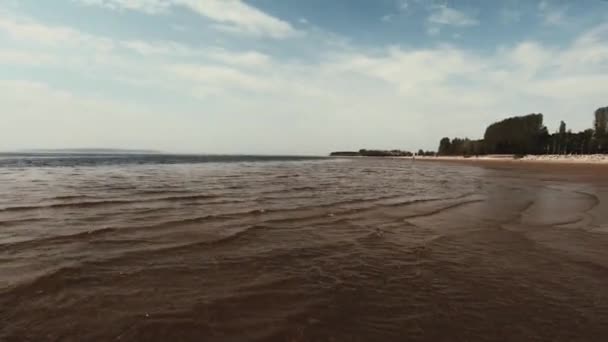 夏の日のビーチ 濡れて リブ付きの砂が太陽の下で輝く 透明な水と小さな波 海岸の青い空と森 — ストック動画