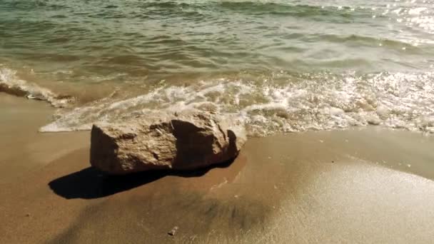 Чистый Желтый Песок Небольшие Волны Береговая Линия Пляжа Спокойствие Расслабление — стоковое видео