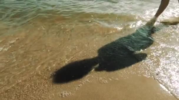 Pure Yellow Sand Small Waves Clear Water Woman Goes Barefoot — Stock Video