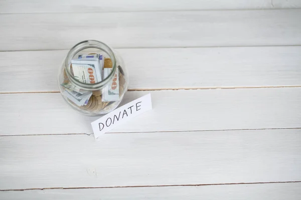 Spendenkonzept Glas Mit Dollar Auf Weißem Hintergrund Spenden — Stockfoto