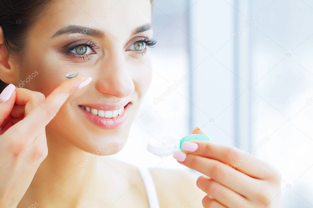 Health and Beauty. Beautiful Young Girl With Green Eyes Dresses Contact Lens. Good Vision. Fresh View. High Resolution