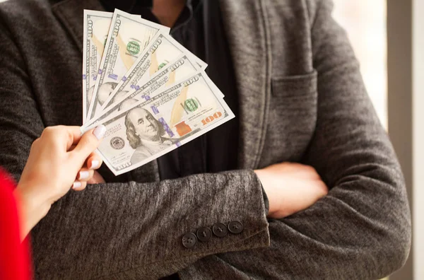 Business Women Hand Gives Money Male Woman Gives Bribe Business — Stock Photo, Image