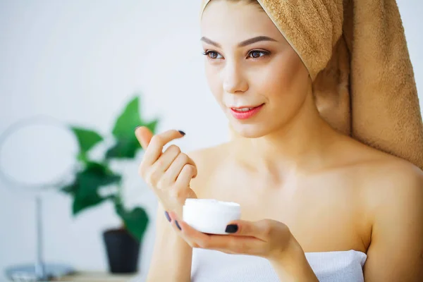 Beauty Care Young Woman Cream Face Hands Girl Towel Head — Stock Photo, Image