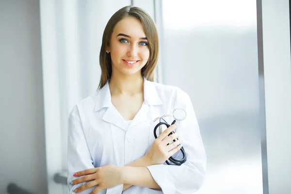 Health Care Female Doctor Standing Hospital Corridor Medical Concept Stock Image
