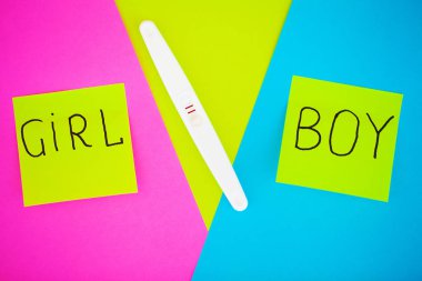 Hamilelik testi. Sonuç olumlu iki şeritler ve prezervatifle gebelik önleyici renkli arka plan, Doğum kontrol hapı, güvenli seks, sağlık concep