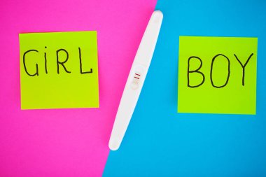 Hamilelik testi. Sonuç olumlu iki şeritler ve prezervatifle gebelik önleyici renkli arka plan, Doğum kontrol hapı, güvenli seks, sağlık concep