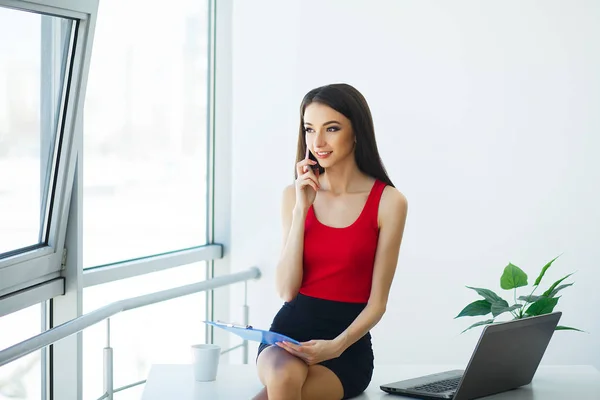 Business Portrait Young Woman Holding Blue Folder Hand Dressed Red — Stock Photo, Image