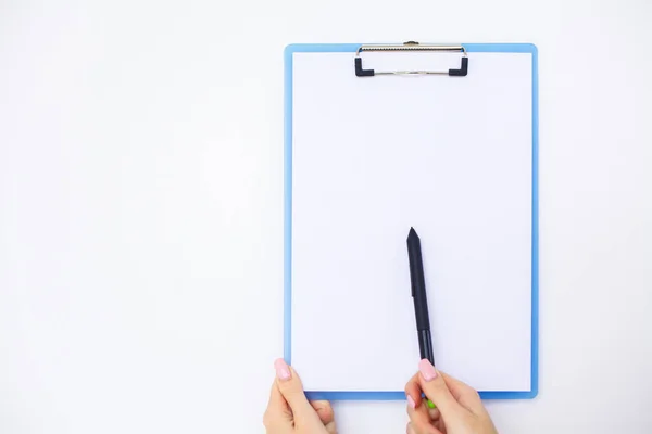 Blank Folder with White Paper. Hand that Holding Folder and Handle on White Background. Copyspace. Place for Text.