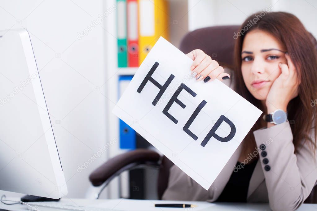 Business Problem. Attractive Young Tired and Frustrated Business Woman Working on Her Computer Asking For Help.