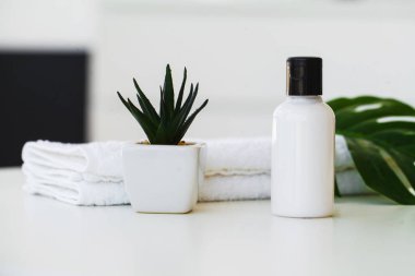 Spa. Cilt bakımı için doğal yerli ürünleri. Beyaz ahşap zemin üzerinde dekoratif dal ile kişisel hijyen öğeleri.