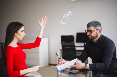 Business. Business Woman Gives Money to Men. Woman Dressed in Red Dress Gives Bribe. Business Man In Gray Jacket Gets Bribe. High Resolution. clipart