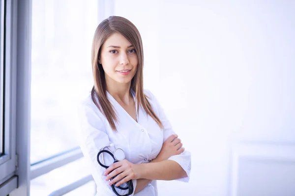 Clinic Cheerful Doctor Working Her Office — Stock Photo, Image