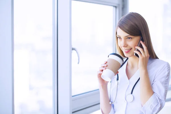 Clinic Cheerful Doctor Working Her Office — Stock Photo, Image