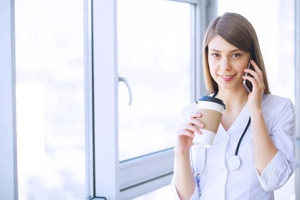 Clinic Cheerful Doctor Working Her Office — Stock Photo, Image