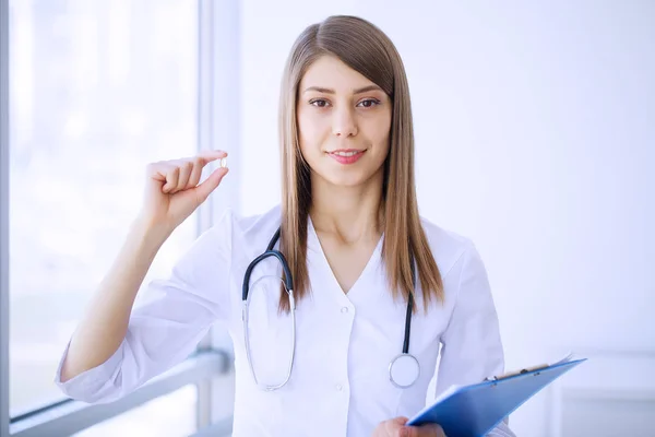 Clinic Cheerful Doctor Working Her Office — Stock Photo, Image