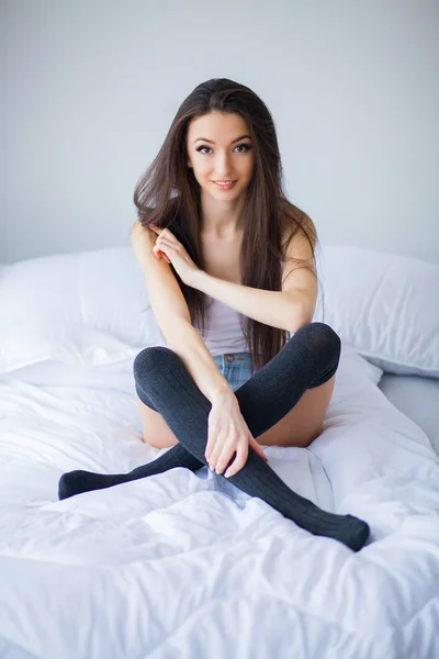 Beautiful Morning Young Beautiful Smiling Woman Waking Bedroom — Stock Photo, Image