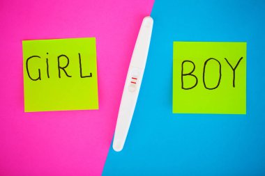 Gebelik planlama concep. Hamilelik testi pozitif iki çizgili ve mavi arka plan üzerinde Doğum kontrol hapı ile.