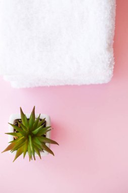 Spa. Beyaz Pamuk Spa banyo pembe bir arka plan üzerinde kullanımda havlu. Havlu kavramı. Otel ve masaj salonları için fotoğraf. Saflık ve yumuşaklık. Havlu Tekstil.