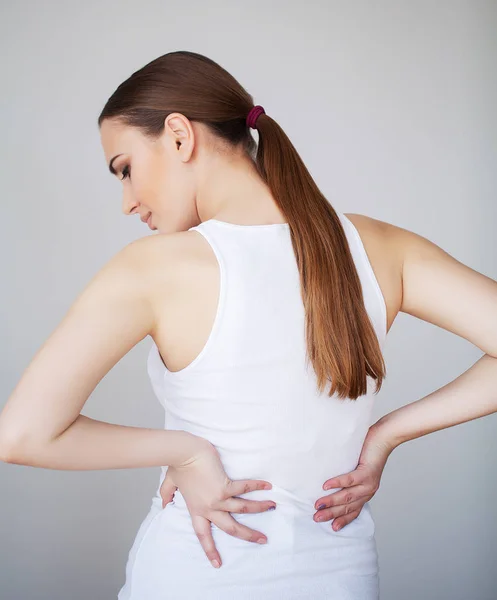 Dolor Espalda Mujer Con Dolor Espalda Oficina — Foto de Stock