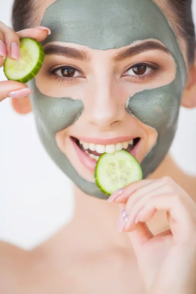 Skin Care Young Woman Cosmetic Clay Mask Holding Cucumber Her — Stock Photo, Image