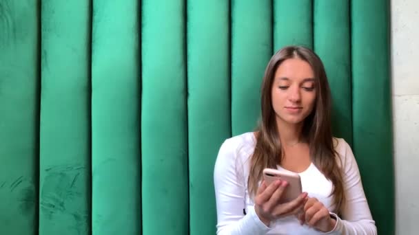 Une jeune fille dans un café. La fille est assise sur le canapé et parle au téléphone. — Video