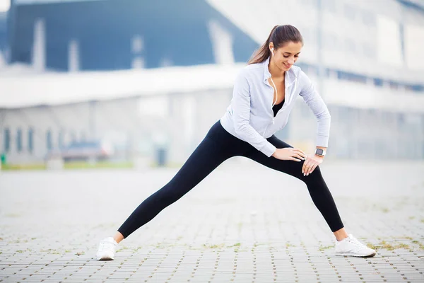 Woman Stretching Body, Doing Exercises On Street — Stock Photo, Image