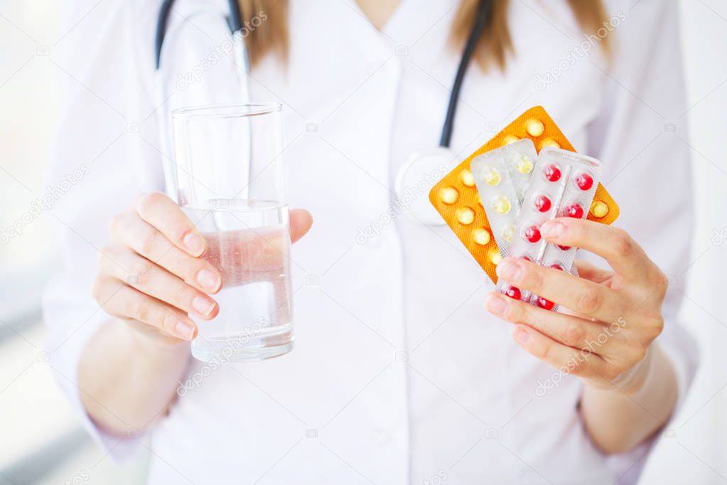 Concept Of The Global Healthcare And Medicine. Doctor Holding Pack of Different Tablet Blisters Closeup. Life Save Service, Legal Drug Store, Prescribe Medication, Blood Pressure