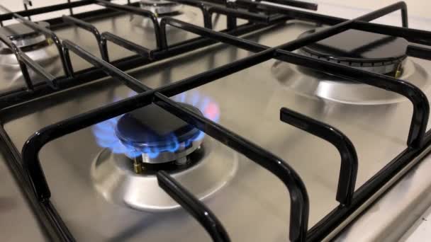炉子燃烧器燃烧成蓝色的烹调火焰 — 图库视频影像