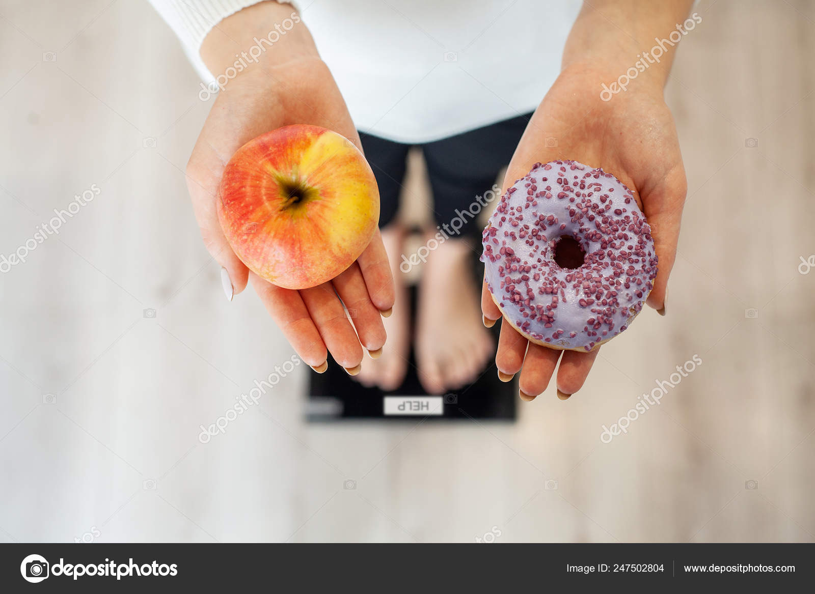 Diet Woman Measuring Body Weight On Weighing Scale Holding Donut And Apple Sweets Are Unhealthy Junk Food Dieting Healthy Eating Lifestyle Weight Loss Obesity Top View Stock Photo Image By C