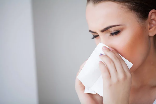 Flu and Sick Woman. Sick Woman Using Paper Tissue, Head Cold Problem