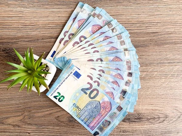 Bankbiljetten met een nominale waarde van twintig euro liggen als een fan op tafel — Stockfoto