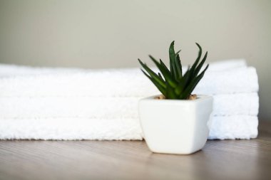 Spa. Spa Banyoda Beyaz Pamuk havlu kullanın. Havlu Konsepti. Oteller ve Masaj Salonları için Fotoğraf. Saflık ve Yumuşaklık. Havlu Tekstil