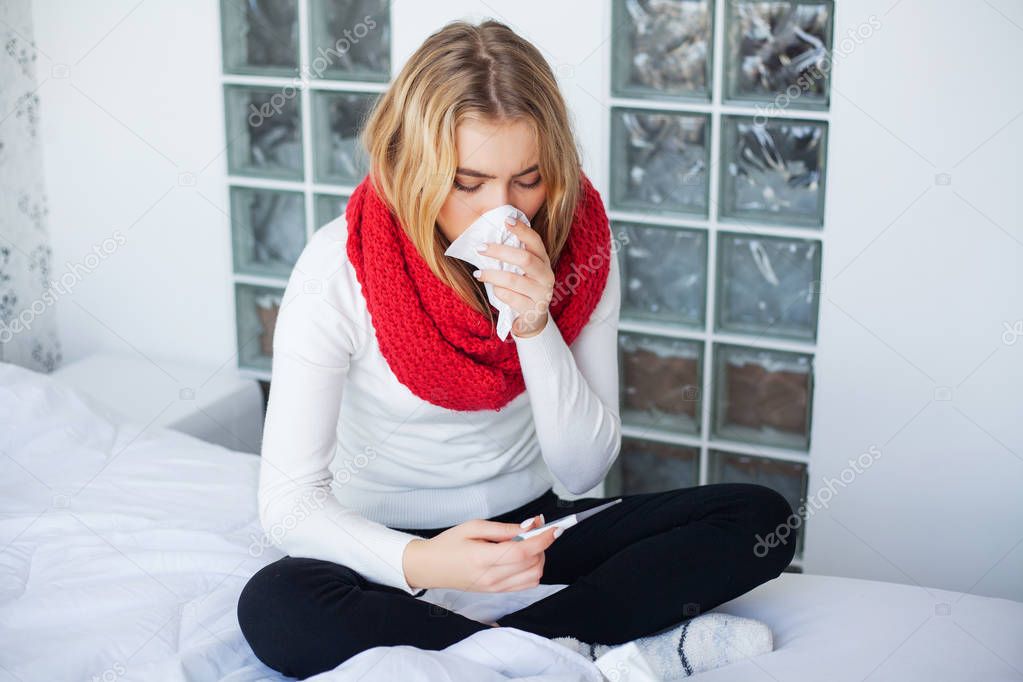 Fever And Cold. Portrait Of Beautiful Woman Caught Flu, Having Headache And High Temperature. Closeup Of Ill Girl Covered In Blanket, Feeling Sick Holding Thermometer. Health care. High Resolution