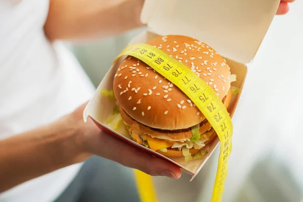 Diet And Fast Food Concept. Overweight Woman Standing On Weighin — Stock Photo, Image