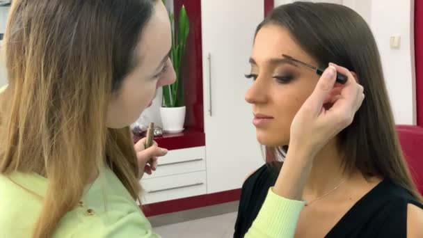 Красива жінка робить професійний макіяж в студії краси — стокове відео