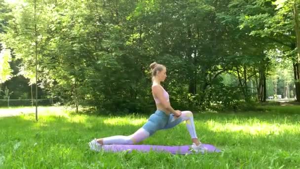 Fitness kobieta podejmowania ćwiczeń na zielonym trawniku. — Wideo stockowe