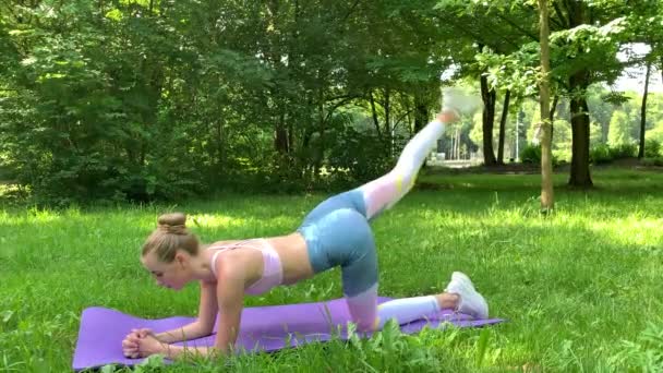 Mujer fitness haciendo ejercicio en césped verde . — Vídeo de stock