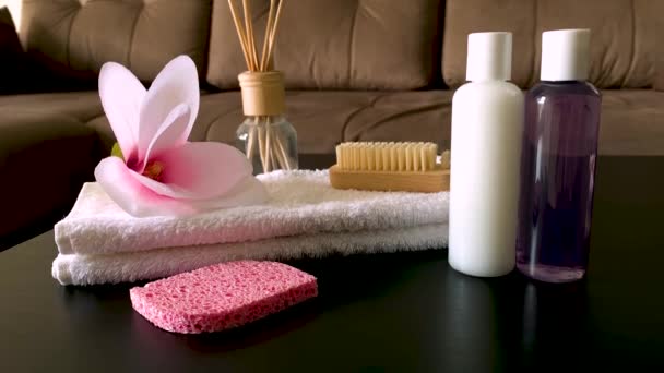 Shower supplies. Composition cosmetic products of spa treatment. — Stock Video