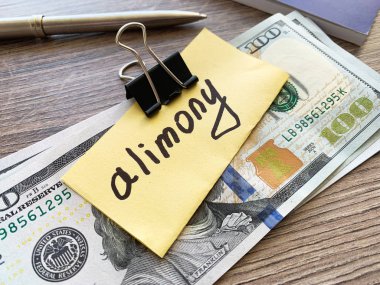 Payments alimony. Pile Dollars with sign alimony and money. Divorce and separation concept clipart
