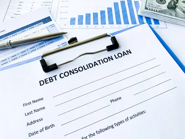 Debt consolidation loan document with graph on table. — Stock Photo, Image