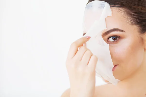 Skin Care. Beautiful Girl With Sheet Mask on Her Face — Stock Photo, Image