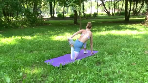 Mulher fitness fazendo exercício no gramado verde — Vídeo de Stock