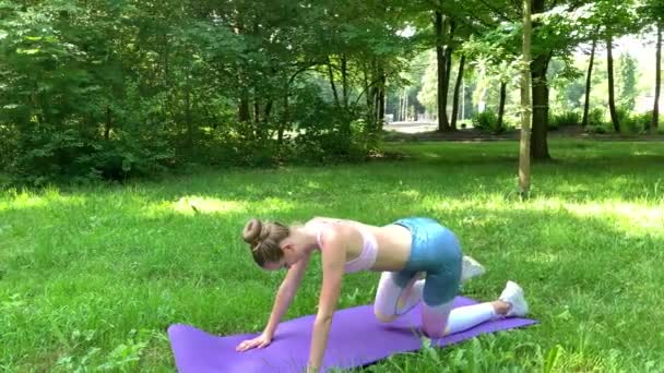 Fitness femme faisant de l'exercice sur la pelouse verte — Video