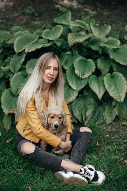 Köpek ile genç kız parkta yürür ve güzel yaz günü sahiptir.