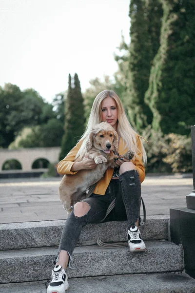 Jeune fille avec chien promenades dans le parc et bénéficie de la belle journée d'été . — Photo