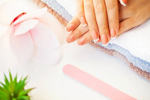 Cuidado con las uñas. Hermosas uñas de mujer con manicura francesa, en estudio de belleza —  Fotos de Stock