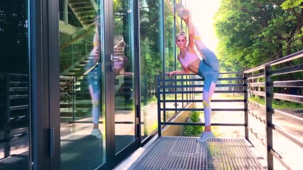 Фітнес жінка робить вправи в зеленому парку . — стокове відео