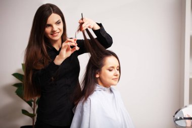 Profesyonel stilist genç bir kadını güzel bir saç stili yapar.