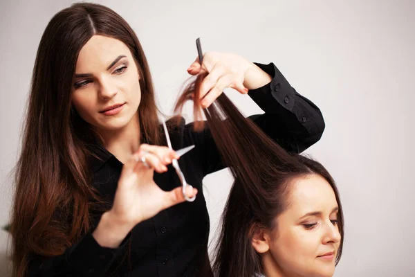 Professional stylist makes a young woman a beautiful hairstyle — Stock Photo, Image